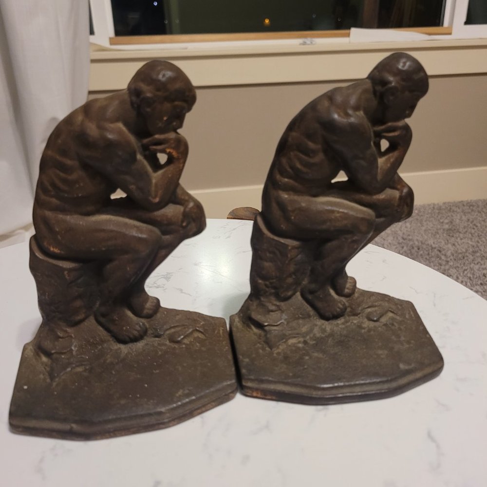 The Thinker Vintage Cast Iron 1927 Figural Bookends Art Deco Statues